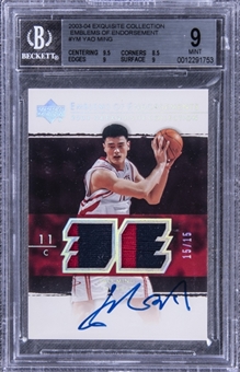 2003-04 UD "Exquisite Collection" Emblems of Endorsement #YM Yao Ming Signed Game Used Patch Card (#15/15) – BGS MINT 9/BGS 10